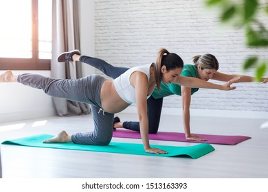 Shot of beautiful pregnant woman with her physiotherapist doing pilates exercises preparing for childbirth.