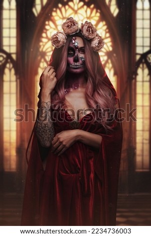 Shot of beautiful woman with makeup and wreath of roses against dark background.