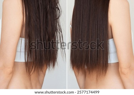 Shot before and after comparison of a young brunette woman with messy unhealthy hair and well-groomed, smooth, long healthy hair. Rear view. Hair care.