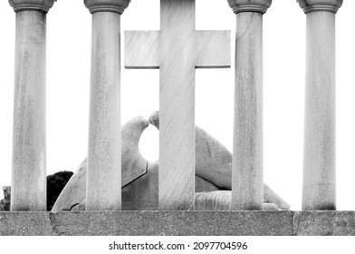 Shot In Black And White Detail On The Facade Of This Historic Building Representing Some Character, Animal Or Flower. Set At Montjuïc Cemetery, Barcelona, Catalunya, Spain, Europe