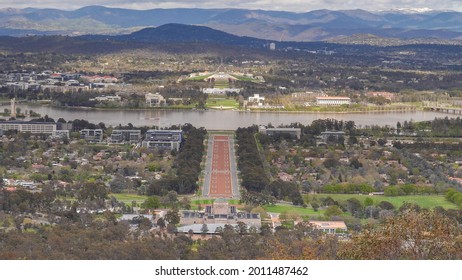 Shot Of Canberra From Mt Ainslie Lookout In The Australian Capital Territory On A Spring Morning