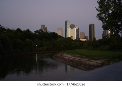 Shot Of City Of Houston Skyline From Buffalo Bayou Park With Sabine River