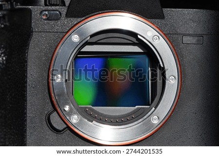 A shot of the CMOS sensor inside of a DSLR camera.