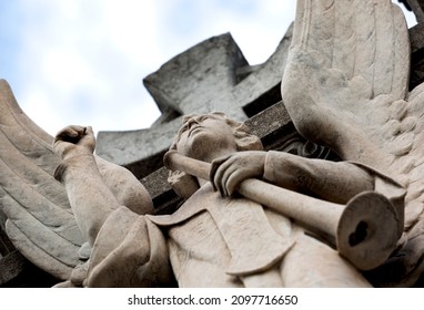 Shot In Color Detail On The Facade Of This Historic Building Representing Some Character, Animal Or Flower. Set At Montjuïc Cemetery, Barcelona, Catalunya, Spain, Europe