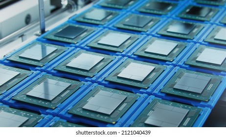 Shot Of Computer Processor Production Line At Advanced Semiconductor Foundry In Bright Environment. Microchip Factory.