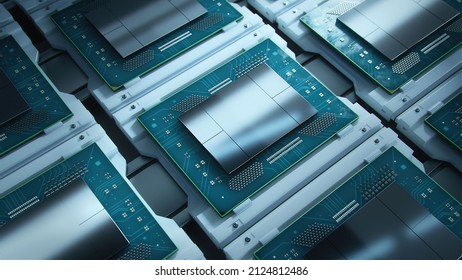 Shot Of Computer Processor Production Line At Advanced Semiconductor Foundry In Bright Environment. Microchip Factory.