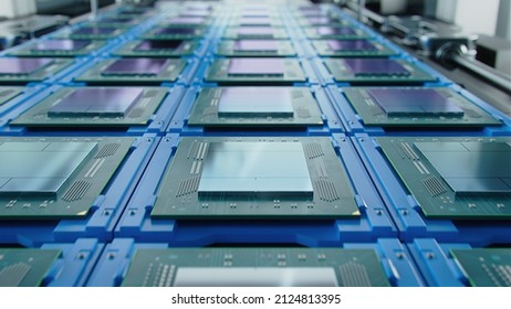 Shot Of Computer Processor Production Line At Advanced Semiconductor Foundry In Bright Environment. Microchip Factory.