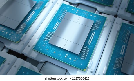 Shot Of Computer Processor Production Line At Advanced Semiconductor Foundry In Bright Environment. Microchip Factory.