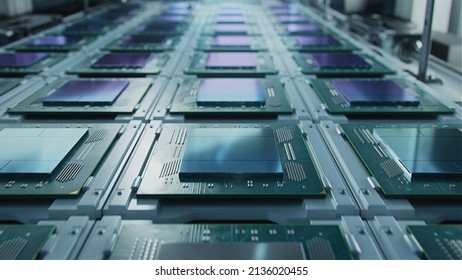 Shot Of Computer Processor Production Line At Advanced Semiconductor Foundry In Bright Environment. Microchip Factory.