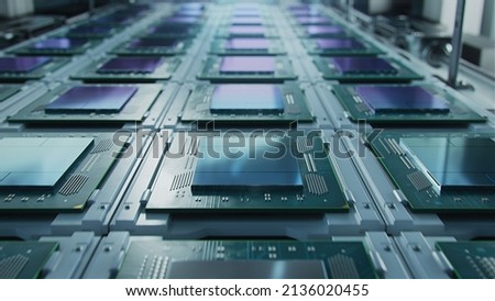 Shot of Computer Processor Production Line at Advanced Semiconductor Foundry in Bright Environment. Microchip Factory.
