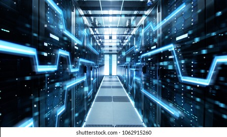 Shot of Corridor in Working Data Center Full of Rack Servers and Supercomputers with High Speed Inernet Visualization Projection. - Shutterstock ID 1062915260