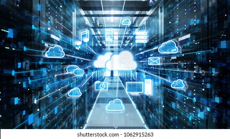 Shot of Corridor in Working Data Center Full of Rack Servers and Supercomputers with Cloud Storage Advantages Icon Visualisation.