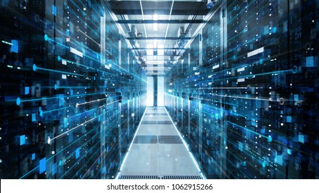 Выстрел из коридора в рабочем центре обработки данных, заполненный серверами в стойку и суперкомпьютерами с высокой проекцией визуализации в Интернете.