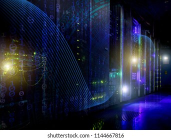 Shot of Corridor in Working Data Center Full of Rack Servers and Supercomputers with High Internet Visualisation Projection.