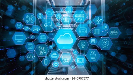Shot of Corridor in Working Data Center Full of Rack Servers. Concept of Cloud Storage Possibilities with Different Computer Illustrative Icons and Symbols Visualisations in the Foreground.