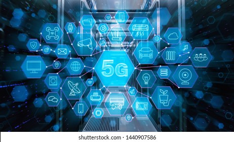 Shot of Corridor in Working Data Center Full of Rack Servers. Concept of 5G High Speed Internet Possibilities with Different Computer Illustrative Icons and Symbols Visualisations in the Foreground.