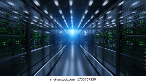 Shot of Corridor in Working Data Center Full of Rack Servers and Supercomputers with Internet connection Visualisation Projection, motion Shot