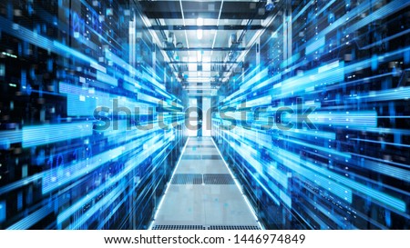 Shot of Corridor in Working Data Center Full of Rack Servers and Supercomputers with Blue Neon Visualization Projection of Data Transmission Through High Speed Internet.