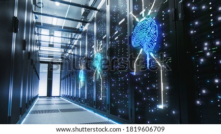 Shot of Corridor in Working Data Center Full of Rack Servers and Supercomputers. Concept of Futuristic Artificial Intelligence Development with Blue Neon Visualization of Electrical Brain.