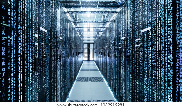 Shot of Corridor in Working Data Center Full\
of Rack Servers and Supercomputers with Raining Script Codes and\
Numbers Visualization\
Projection.