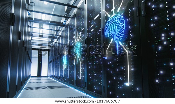 Shot of Corridor in Working Data Center Full of\
Rack Servers and Supercomputers. Concept of Futuristic Artificial\
Intelligence Development with Blue Neon Visualization of Electrical\
Brain.