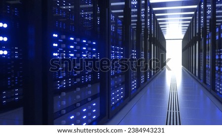 Shot of Data Center With Multiple Rows of Fully Operational Server Racks. Modern Telecommunications, Artificial Intelligence, Supercomputer Technology Concept. Shot in Dark