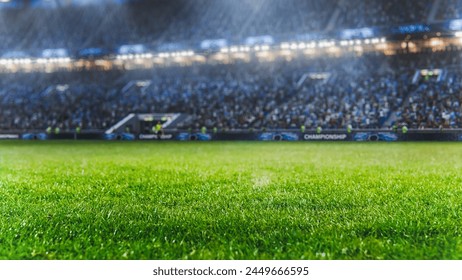 Shot of Empty Football Soccer Stadium. International Tournament Concept. A crowd of Fans Cheer on the Tribune. Beginning of Sports Final Game. Crowded Arena With Excited Supporters Waiting For Match - Powered by Shutterstock