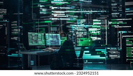 Shot of Female Programmer Working in a Monitoring Control Room, Surrounded by Big Screens Displaying Lines of Programming Language Code. Portrait of Woman Creating a Software and Coding