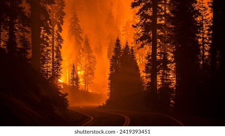 A shot of a forest on fire due to global warming and climate change. 