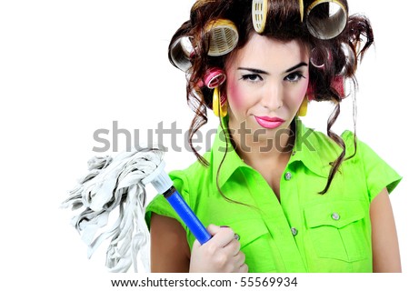 Shot of a funny  woman housewife dressed in retro style.
