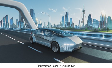 Shot of a Futuristic Self-Driving Van Moving on a Public Highway in a Modern City with Glass Skyscrapers. Beautiful Female and Senior Man are Having a Conversation in a Driverless Autonomous Vehicle.