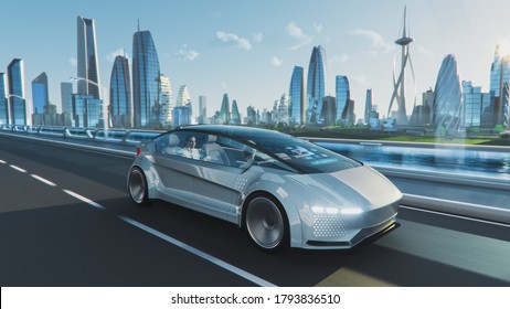 Shot of a Futuristic Self-Driving Van Moving on a Public Highway in a Modern City with Glass Skyscrapers. Beautiful Female and Senior Man are Having a Conversation in a Driverless Autonomous Vehicle. - Shutterstock ID 1793836510