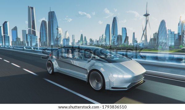Shot of a Futuristic Self-Driving Van Moving on\
a Public Highway in a Modern City with Glass Skyscrapers. Beautiful\
Female and Senior Man are Having a Conversation in a Driverless\
Autonomous Vehicle.