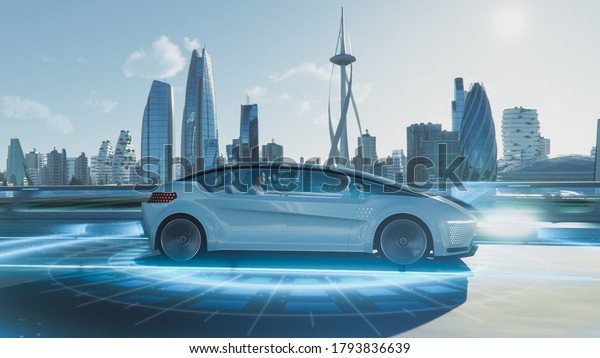 Shot of a Futuristic Self-Driving Van Moving on\
a Public Highway in a Modern City with Glass Skyscrapers. Beautiful\
Female and Senior Man are Having a Conversation in a Driverless\
Autonomous Vehicle.
