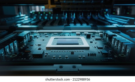 Shot of Generic Printed Circuit board with Microchips and other Components During Production Process. Electronics Manufacturing. Dark Environment - Shutterstock ID 2122988936