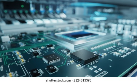 Shot of Generic Printed Circuit board with Microchips and other Components During Production Process. Electronics Manufacturing. Bright Environment