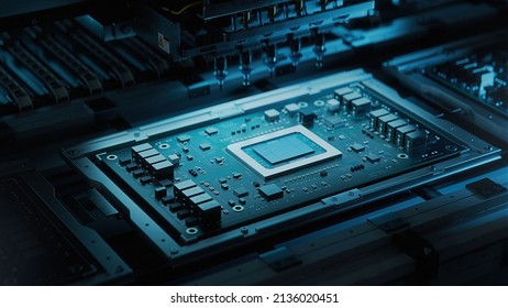 Shot Of Generic Printed Circuit Board With Microchips And Other Components During Production Process. Electronics Manufacturing. Dark Environment