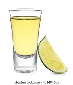 Shot Of Gold Tequila With Lime Slice Isolated On White