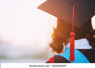 Shot Of Graduation Hats During Commencement Success Graduates Of The University, Concept Education Congratulation Student. Graduation Ceremony ,Stand Looking At Success.