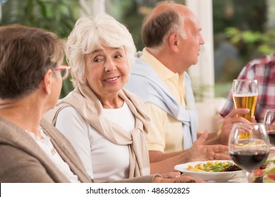 Shot Of A Group Of Elderly People Talking At A Dinner Party