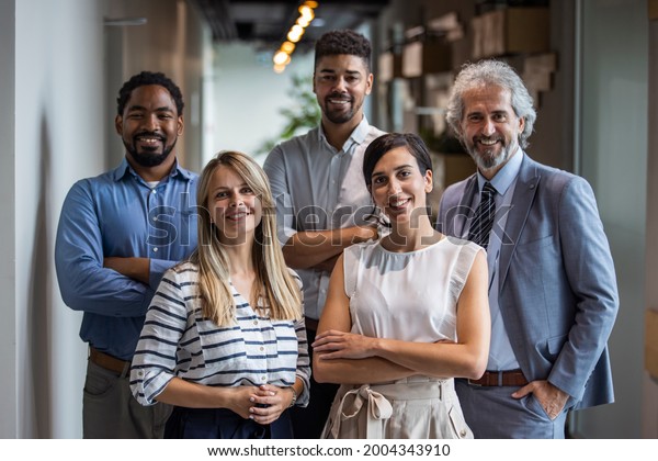 Shot of a group of well-dressed businesspeople\
standing together. Successful business team smiling teamwork\
corporate office colleague. Positive multi racial corporate team\
posing looking at camera