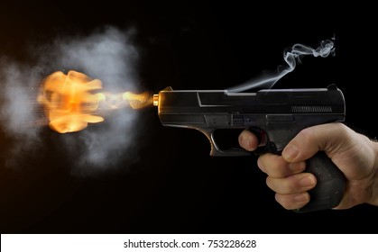 Shot Gun Black Fire Smoke Black Background Sparks Flight Bullets Hand Finger Presses Trigger