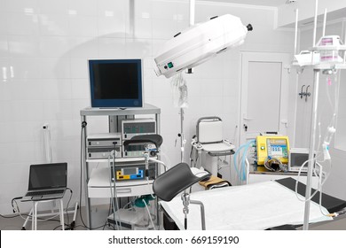 Shot of a gynecological room with chair for medical examinations and equipment medicine feminine health profession clinical hospital examine concept.