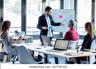 Shot Of Handsome Businessman Explaining A Project To His Colleagues On Coworking Place.