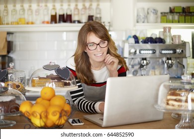 Shot Of A Happy Coffee Shop Owner Standing At Counter And Working On Laptop. Small Business. 