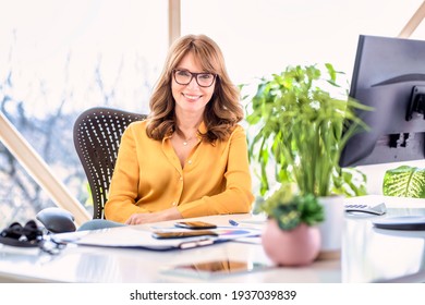 Aufnahme einer glücklichen, reifen Geschäftsfrau, die am Büroschreibtisch sitzt und im Büro am Computer arbeitet.