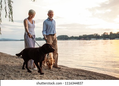 Shot of a happy senior couple walking with their dogs by the river. - Powered by Shutterstock