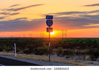 A Shot Of The I-10 Roadsign At Sunset In The West Texas Desert