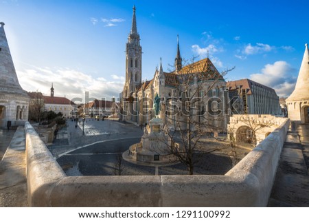 shot of the iconic Fisherman's bastion and Matthias church in Budapest. A beautiful sample of architecture and history just outside the city centre of Budapest, Hungary