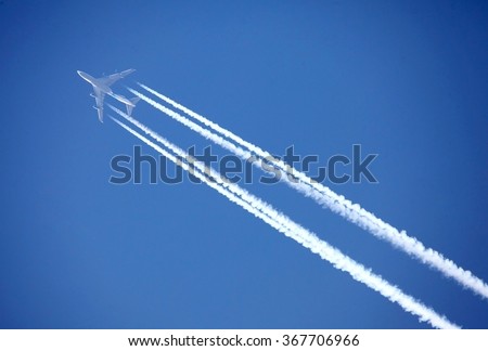 shot of a jet plane high in the blue skies